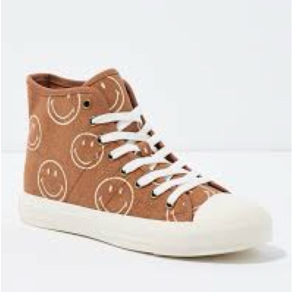 American Eagle Brown Canvas High-Top Sneakers with White Smiley Print - Picture 2 of 14